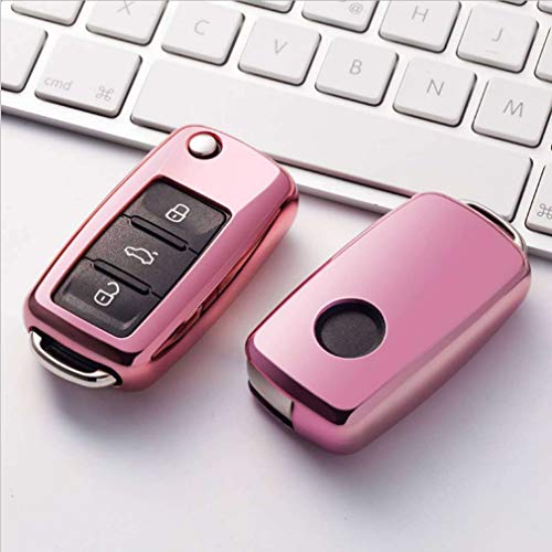 ontto Car Key Fob Cover Holder Key Shell with Keyring TPU Key Case Shell Fits for Volkswagen Jetta Passat Golf Beetle Rabbit GTI CC EOS Pink