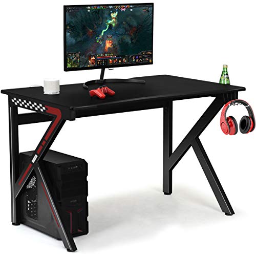 Tangkula Computer Desk Gaming Desk, E-Sports Gaming Workstation with Cup Holder & Headphone Holder, Ergonomic Gamer Table with Adjustable Feet Pads, Home Office Computer Desk PC Desk Table