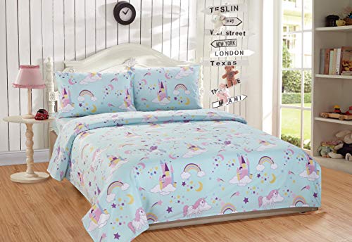 Linen Plus Sheet Set for Girls/Teens Unicorn Rainbow Castle Blue Purple Yellow White Flat Sheet Fitted Sheet and Pillow case Twin Size New