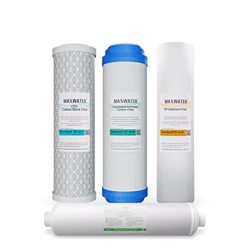 Max Water Replacement Filter Set for Standard 5 Stage Reverse Osmosis Water filter System – 10 inch Standard Size Water Filters Polypropylene Sediment, GAC , CTO Carbon
