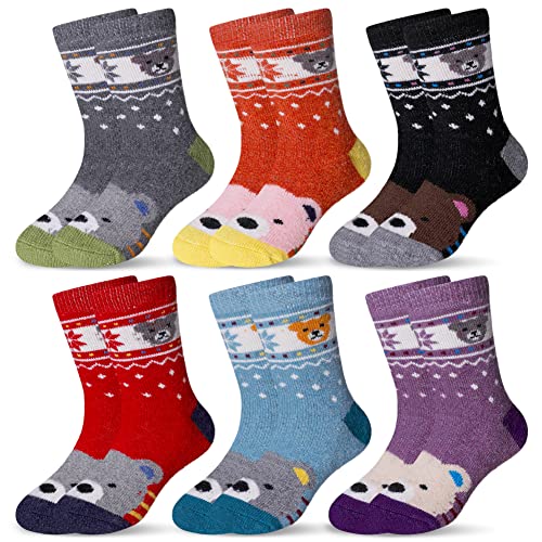 Eocom 6 Pairs Children’s Winter Warm Wool Animal Crew Socks Kids Boys Girls Socks (6 Pairs Bear, 4-7 Years)