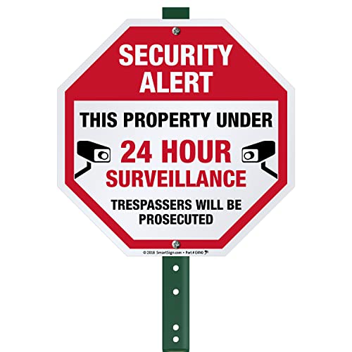 SmartSign 10 x 10 inch “Security Alert – Property Under 24 Hour Surveillance, Trespassers Prosecuted” Yard Sign with 3 foot Stake, 40 mil Laminated Rustproof Aluminum, Red, Black and White, Set of 1