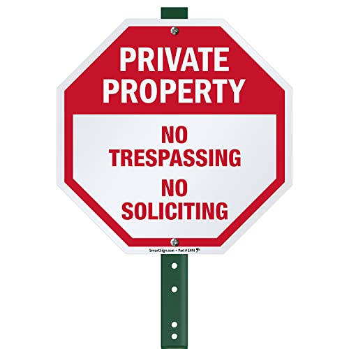 SmartSign 10 x 10 inch “Private Property – No Trespassing No Soliciting” Octagon Yard Sign with 3 foot Stake, 40 mil Laminated Rustproof Aluminum, Red and White, Set of 1