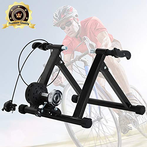 Bike Trainer Stand, Portable Magnetic Stationary Road Bicycle Indoor Trainer with Noise Reduction Wheel 5 Levels Resistance Steel Cycling Mountain Bike Exercise Stand for Indoor Riding Supports 300LBS