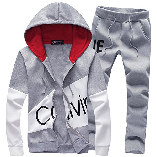 Manluo Men’s Tracksuits Print Sweatsuits Slim Casual Jogging Suits Sports Hooded Gray
