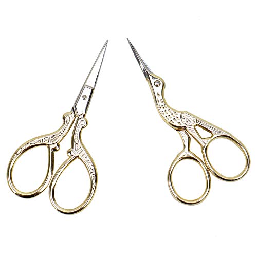 AQUEENLY Embroidery Scissors, Stainless Steel Sharp Stork Scissors for Sewing Crafting, Art Work, Threading, Needlework – DIY Tools Dressmaker Small Shears – 2 Pcs ( 3.6 Inches, Gold)