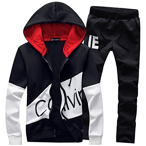 Manluo Men’s Tracksuits Print Sweatsuits Slim Casual Jogging Suits Sports Hooded Navy Blue