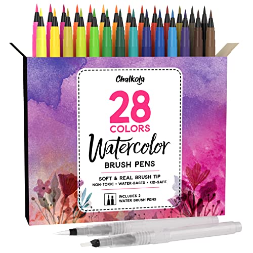 Chalkola Watercolor Brush Pens for Lettering, Coloring, Calligraphy – Set of 28 Colors, 15 Water Color Painting Pad & 2 Paint Brush Markers – Drawing Art Supplies for Kids, Adults, Professional Artist