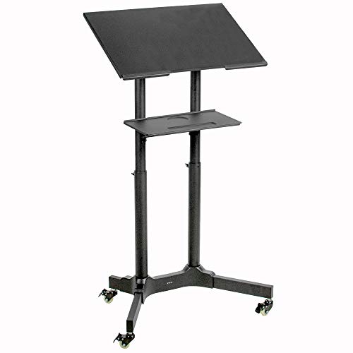 VIVO Steel Mobile 24 inch Height Adjustable Multi-Purpose Rolling Podium, Lectern, and Laptop Workstation Desk with Storage Tray, Black, CART-V03E