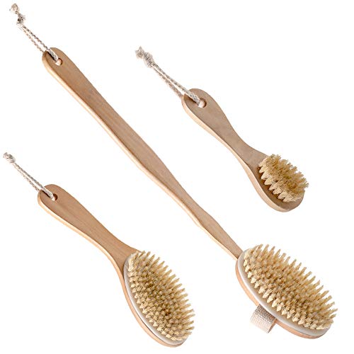 Dry Brushing Body Brush Set with 100% Natural Boar Bristles (Set of 3) | Skin Exfoliating Kit with Long Detachable Back Brush, Contour Body and Face Brushes | Lymphatic Drainage, Cellulite Treatment