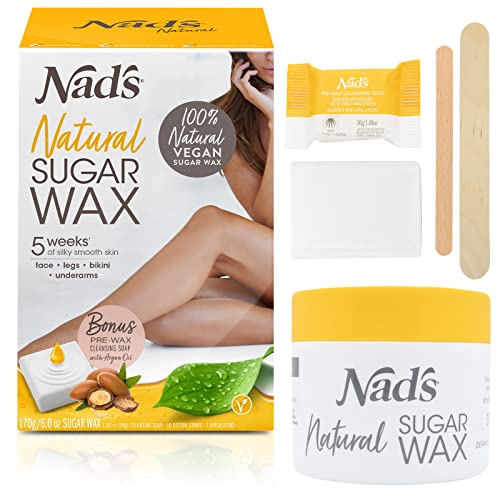 Nad’s Sugar Wax Kit – Wax Hair Removal For Women – Body+Face Wax – All Skin Types – At Home Waxing Kit With 6 Oz Sugar Wax, Cleansing Soap, Wooden Spatula, Re-Usable Cotton Strips