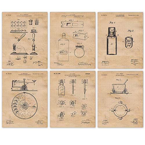 Vintage Pharmacy Patent Prints, 6 (8×10) Unframed Photos, Wall Art Decor Gifts Under 20 for Home Office Studio Garage Shop College Man Cave Student Teacher Doctor Nurse Science Medicine ER Fan