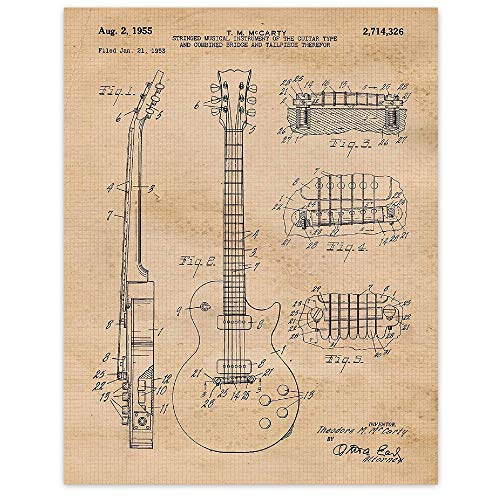 Vintage Gibson Strings Guitar Patent Prints, 1 (11×14) Unframed Photos, Wall Art Decor Gifts Under 15 for Home Office Garage Studio Lounge Man Cave College Student Teacher School Rock Roll Band Fans