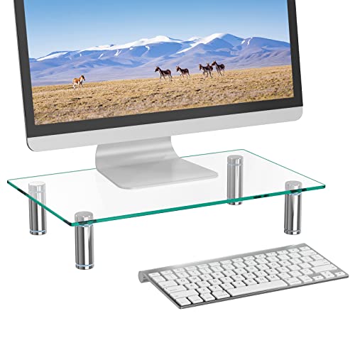 WALI Rectangular Tempered Glass Monitor Riser Desktop Stand Height Adjustable Table Top for Flat Screen LCD LED TV, Laptop, Notebook, Display (GTT001), 16 X 10 inch, Clear