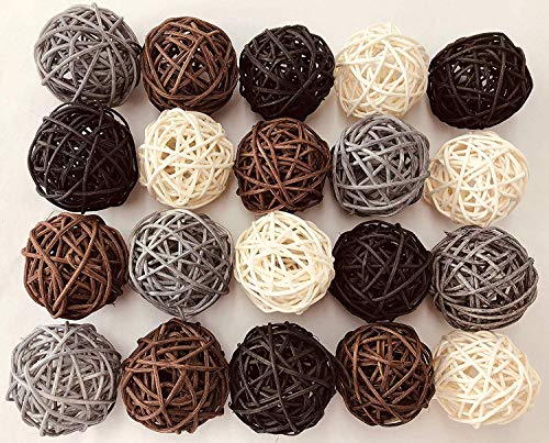 20-Pack Mixed Color Wicker Rattan Balls – Decorative Orbs Natural Spheres Craft DIY, Wedding Decoration, Christmas Tree, House Ornaments Vase Filler – 4 Colors Assorted,45mm,Black,Grey,Brown and White