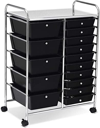 15 Drawer Rolling Storage Cart, Mobile Utility Cart with Lockable Wheels, Drawers, Multipurpose Organizer Cart for Home, Office, School, Black