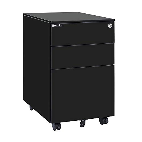 Bonnlo Black 3 Drawer File Cabinet with Lock, Rolling File Cabinet for Home Office, Locking File Cabinet Under Desk Filing Cabinet, Mobile Office Drawers Fully Extension, 15.4″ W×17.7″ D×23.6″ H