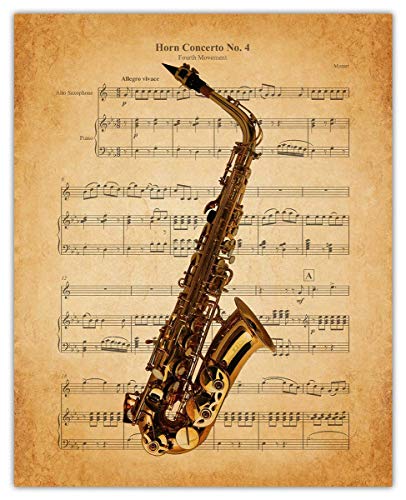 Vintage Saxophone Horn Concerto No. 4 Music Sheet: Aesthetic Wall Art Prints for Bathroom, Home, Man Cave, Dorm, Office & Bar Wall Decor Poster – Creative Gift for Music Lovers | Unframed Posters 8×10