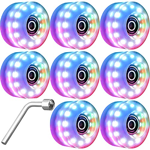 SIKEMAY 8 Pack Light Up and Luminous Quad Roller Skate Wheels with ABEC-9 Bearings,Durable Wear-Resistant-Well Rebound Wheels for Indoor or Outdoor Double Row Skating and Skateboard 32mm x 58mm