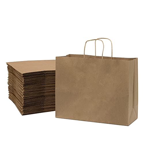 Prime Line Packaging – 16x6x12 Inch 50 Pack Brown Paper Bags with Handles, Large Gift Bags, Kraft Shopping Bags in Bulk for Boutiques, Small Business, Retail Stores, Gifts & Merchandise
