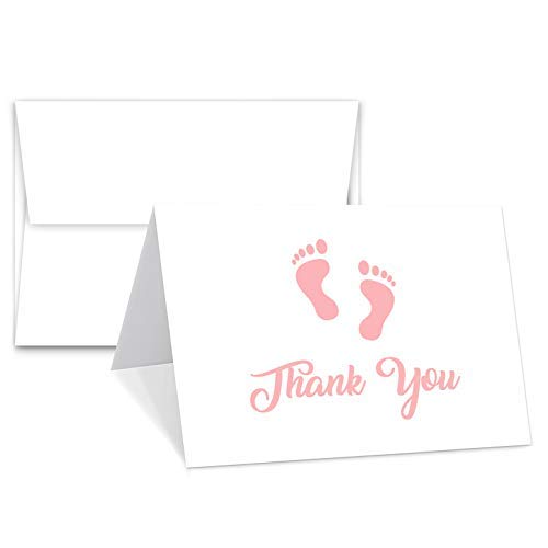 Baby Girl Pink Footprint Thank You Cards With Envelopes – Blank on The Inside – Baby Shower Gifts | 4.25″ x 5.5″ Inches When folded | Value Pack of 25 Cards & Envelopes