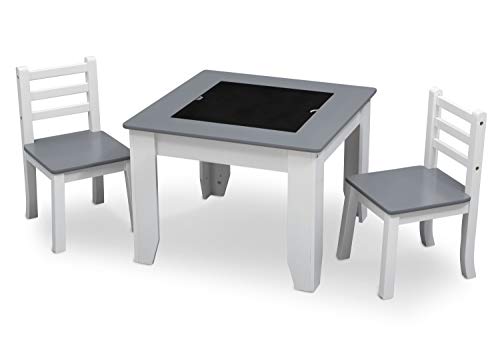 Delta Children Chelsea Table and 2 Chair Set – Tabletop Features Reversible Dry-Erase Whiteboard and Chalkboard, Grey/White