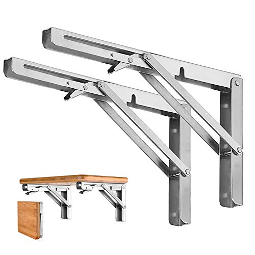 Folding Shelf Brackets – Heavy Duty Stainless Steel Collapsible Shelf Bracket for Bench Table, Space Saving DIY Bracket, Max Load: 550lb （Long :14” , 2 PCS）