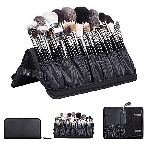 Rownyeon Professional Makeup Brushes Organizer Bag Makeup Artist Cosmetic Case Leather Makeup Handbag Black Travel Portable(Only Bag)