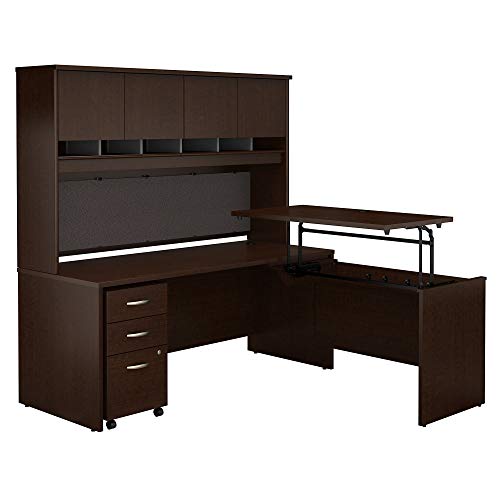Bush Business Furniture Series C 72W x 30D 3 Position Sit to Stand L Shaped Desk with Hutch and Mobile File Cabinet in Mocha Cherry