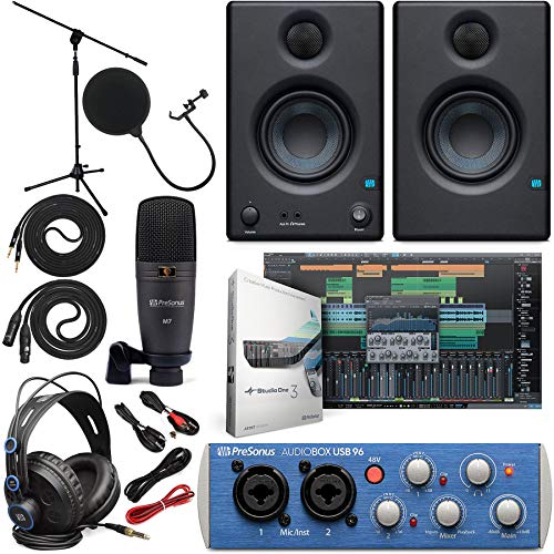 Presonus AudioBox 96 Audio Interface (May Vary Blue or Black) Full Studio Bundle with Studio One Artist Software Pack w/Eris 3.5 Pair Studio Monitors and 1/4” TRS to TRS Instrument Cable