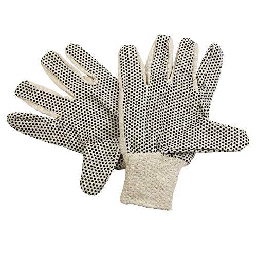 FMP Brands [12 Pairs, Large] Cotton Canvas Knit Protection Work Gloves with Black PVC Dots for Hand Grip, Painter Mechanic Gardening Glove for Men Women, Beige 24 Count Bulk