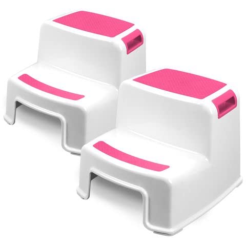 Extra Sturdy Two Step Kids Step Stools – 2 Pack, Pink – Child, Toddler Safety Steps for Bathroom, Kitchen and Toilet Potty Training – Non Slip Feet, Textured Friction Grip, Carrying Handle, Stackable