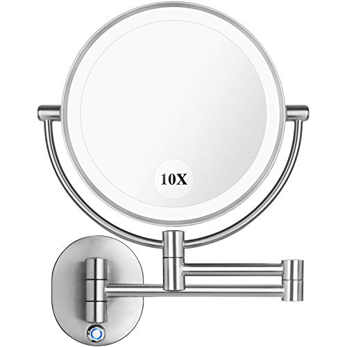 Pansonite LED Wall Mount Makeup Mirror with 10x Magnification, 8.5” Double Sided 360° Swivel Vanity Mirror with 13.7″ Extension and Adjustable Light for Bathroom & Bedroom, Brushed Finished