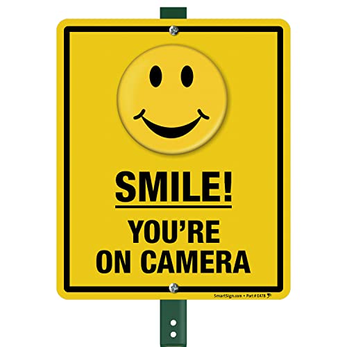 SmartSign 12 x 10 inch “Smile – You’re On Camera” Yard Sign with 3 foot Stake, 40 mil Aluminum 3M Laminated Engineer Grade Reflective Material, Black and Yellow, Set of 1