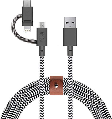Native Union Belt Cable Universal – 6.5ft Ultra-Strong Reinforced [MFi Certified] Durable Charging Cable with 3-in-1 Adaptor for Lightning, USB-C and Micro-USB Devices (Zebra)