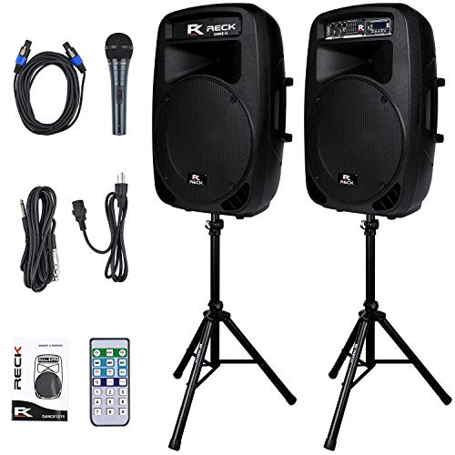 PRORECK Dance 15 Portable 15-Inch 2000 Watt 2-Way Powered PA Speaker System Combo Set with Bluetooth/USB/SD Card Reader/FM Radio/Remote Control/LED Light