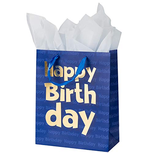 Loveinside Paper Gift Bags Gold Metallic Happy Birthday Printed Medium Gift Bags for Birthday – 10.2”x12.5”x4.7”, Navy Blue