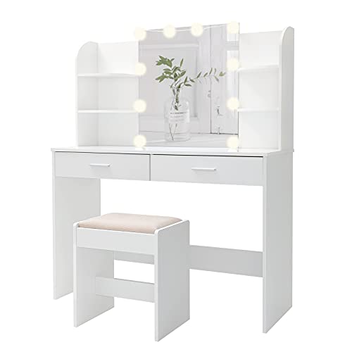 usikey Vanity Desk, Makeup Vanity Table with 10 LED Light Bulbs, Vanity Table, Vanity Desk Set with 2 Drawers, 6 Storage Shelves & Cushioned Stool for Women Girls, Bedroom, White