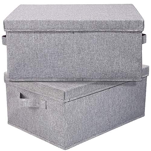 HOONEX Linen Foldable Storage Bins with Lids, 2 Pack, Storage Boxes with Carrying Handles and Study Heavy Cardboard, 16.5″ L x 11.8″ W x 7.5″ H for Toy, Shoes, Books, Clothes, Nursery, Light Grey
