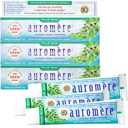 Auromere Ayurvedic Herbal Toothpaste, Fresh Mint – Vegan, Natural, Non GMO, Fluoride Free, Gluten Free, with Neem & Peelu (4.16 oz), 3 Pack