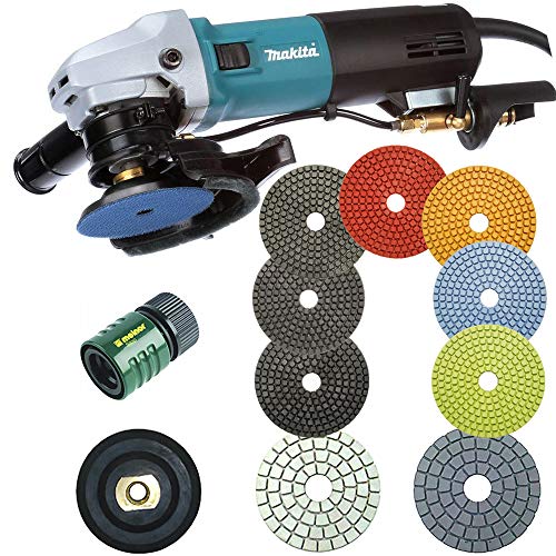Makita 4 Inch Polisher – PW5001C Wet Polisher – 7pc set of 4″ wet Marble Pads – black and white buff pads – water connector – 4″ rubber backer pad- BUNDLE – 6 Items