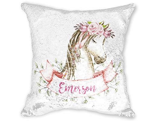 Girls Love A Monogram| Personal Reversible Silver Sequin Pillow| Boho Horse Custom Pillow| Personalized Sequin Horse Pillow| Girl Horse Bedding| Girl Pillow| Reversible Personalize Sequin Horse Pillow