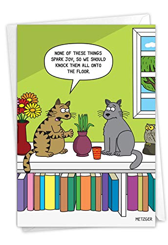 NobleWorks – 1 Funny Animal Card for Birthdays – Pet Cat and Dog Humor, Birthday Notecard with Envelope – Cat Spark Joy C7297BDG