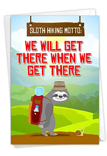 NobleWorks – 1 Cute Birthday Card with Envelope – Funny Wild Animals and Pets, Birthday Greeting – Sloth Hiking C7234BEG