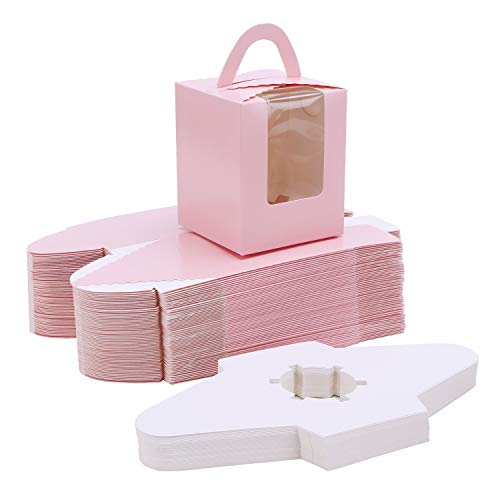 EUSOAR Cupcake Boxes Carriers, 50pcs Pink Single Individual Cupcake Boxes Holders Containers, Portable Paper Muffin Gift Boxes with Window Inserts Handle, for Wedding Birthday Party Treats Boxes