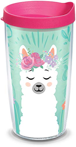 Tervis Llama Flora Insulated Tumbler with Wrap and Fuchsia Travel Lid, 16 oz, Clear