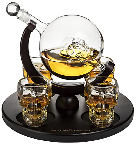 Skull King Skeleton Wine & Whiskey Globe Decanter Set 850 mL With 4 Skull Head 3oz Skeletons Shot Glasses + Mahogany Wooden Base Decor Glass, Goth Spooky Drinking Glassware The Wine Savant