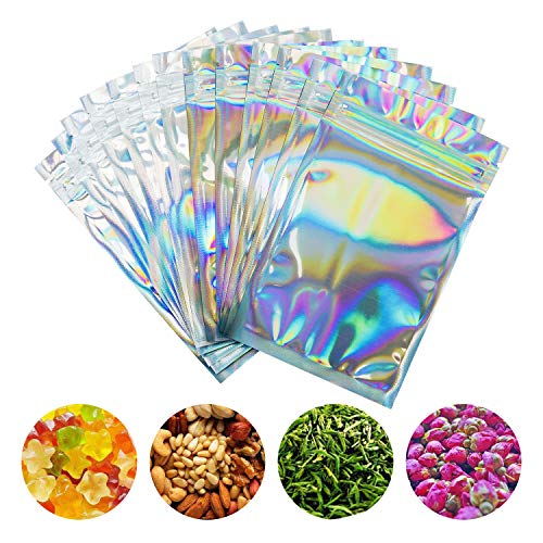 HAPPY COASTER CARDS 100 Pieces Smell Proof Bags – 3×5 Inches Resealable Mylar Bags Clear Zip Lock Food Candy Storage Bags Holographic Rainbow Color