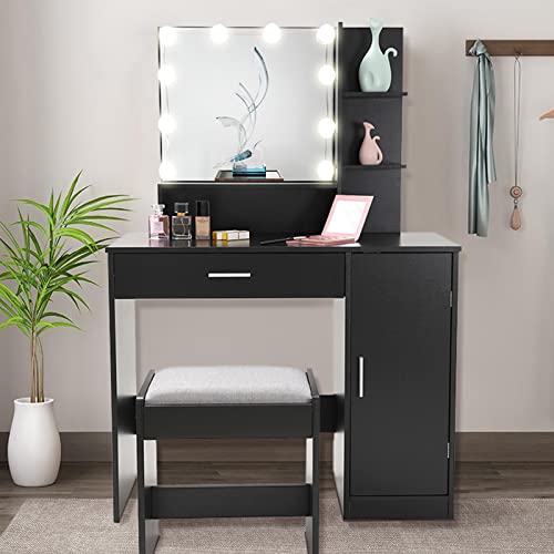 usikey Makeup Vanity Desk, Vanity Mirror with Lights and Table Set with Drawer, Cabinet & 3 Shelves, Makeup Vanity Set with 3 Lighting Modes Brightness Adjustable for Bedroom, Black