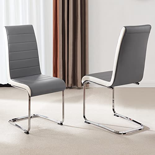 SICOTAS Modern Dining Chairs Set of 2, Grey White Side Dining Room Chairs, Kitchen Chairs with Faux Leather Padded Seat High Back and Sturdy Chrome Legs, Chairs for Dining Room,Kitchen, Living Room